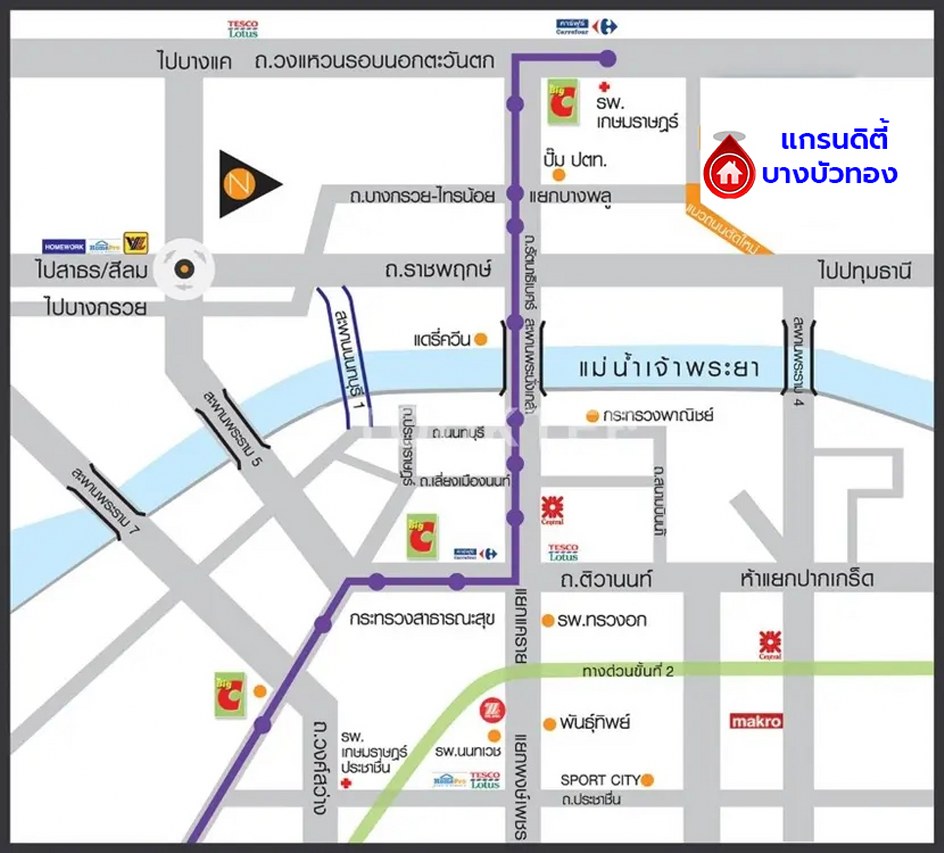 ทาวน์เฮ้าส์มือสองนนทบุรี โครงการ แกรนดิตี้ บางบัวทอง เนื้อที่ 18.10 ตร.ว. พื้นที่ใช้สอย 120 ตร.ม. ฟังก์ชัน 3 ห้องนอน 2 ห้องน้ำ 1 ที่จอดรถ พร้อมเข้าอยู่ได้ทันที เชื่อมต่อถนนกาญจนาภิเษก, ถนนบางกรวย-ไทรน้อย, ถนนราชพฤกษ์ ใกล้รถไฟฟ้าสายสีม่วง "สถานีคลองบางไผ่" ใกล้จุดขึ้นทางด่วน "ศรีรัช" และ ใกล้เซ็นทรัลเวสเกต